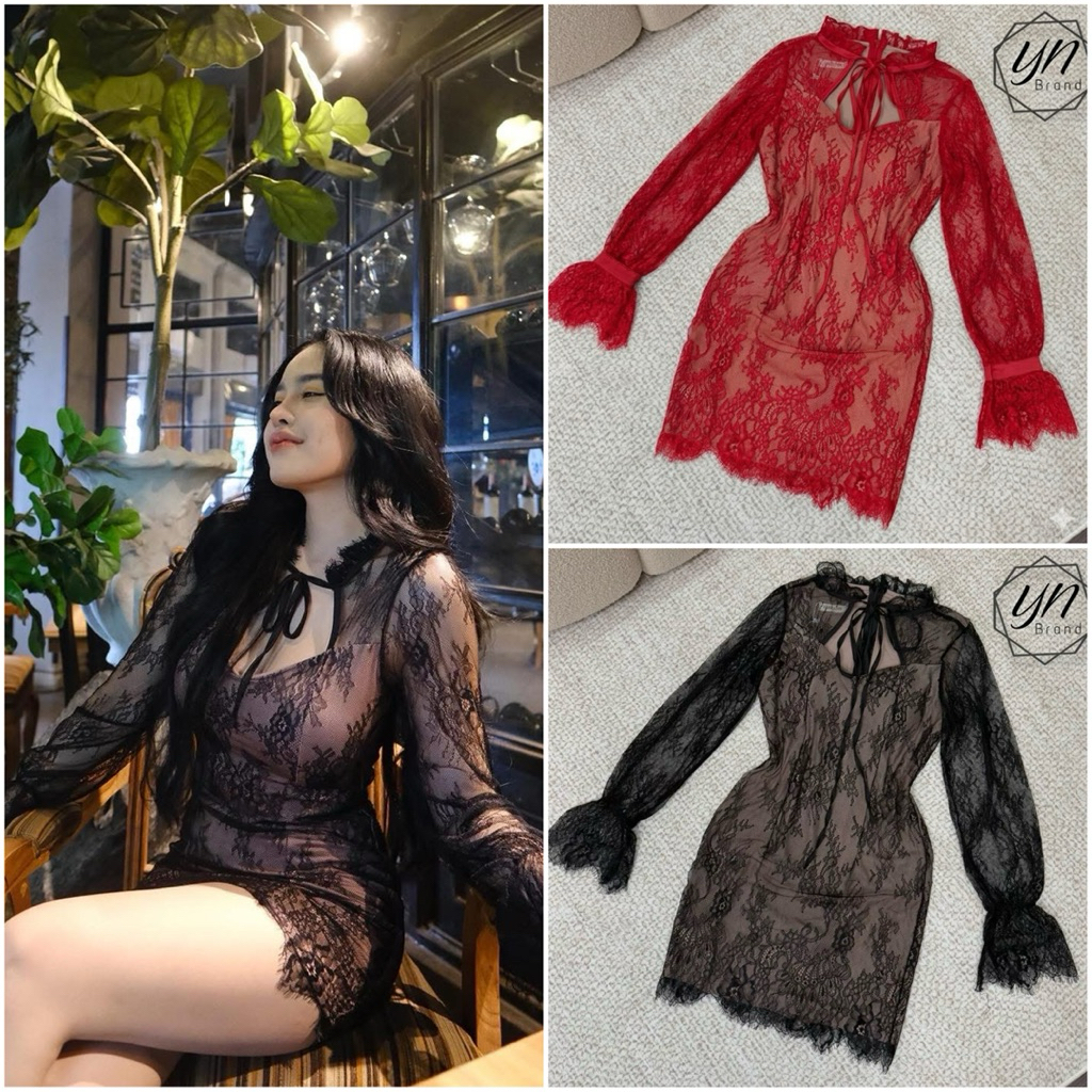 YN Brand เดรสลูกไม้งานป้าย เดรสลูกไม้สั้น ลูกไม้แขนยาว (ส่งต่อ) มีสีแดง และสีดำ