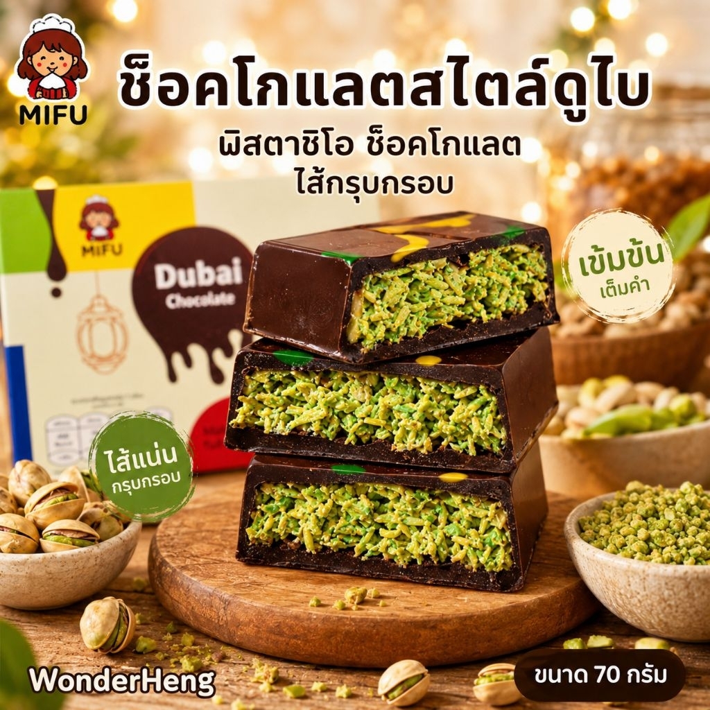ช็อกโกแลตสไตล์ดูไบ อย.ไทย ไส้กรุบกรอบ พิสตาชิโอ  1 กล่อง 70 กรัม โกโก้บัตเตอร์หอมละมุน