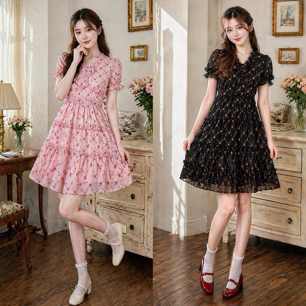 พร้อมส่ง Pretty Dress [รหัสชุดN1] เดรสผ้าชีฟอง แถมเข็มกลัดดอกไม้แขนตุ๊กตา ความยาวชุด 35 นิ้ว
