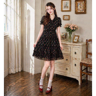 พร้อมส่ง Pretty Dress [รหัสชุดN1] เดรสผ้าชีฟอง แถมเข็มกลัดดอกไม้แขนตุ๊กตา ความยาวชุด 35 นิ้ว