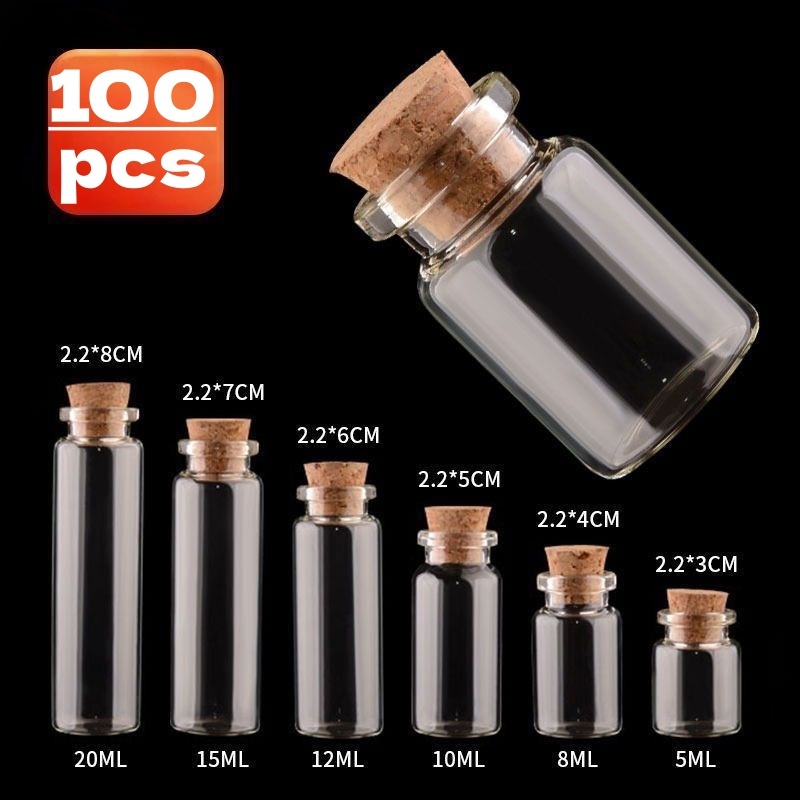100ชิ้น ขวดน้ําหอม / ขวดแก้วใส ขนาดเล็ก พร้อมจุกไม้คอร์ก / ขวดข้อความ DIY ต้องการ ขวดดริฟท์ / ขวดโหลเครื่องเทศ ภาชนะ / ข