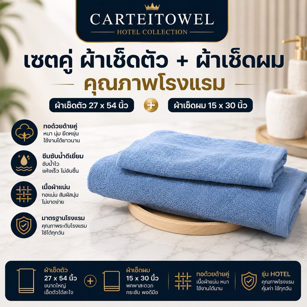 ผ้าขนหนู ผ้าเช็ดตัวโรงแรม รีสอร์ท สปา ฟิตเนส ห้องพัก ซับน้ำ หนานุ่ม ขนไม่หลุด เช็ดผม15x30นิ้ว + เช็ดตัว27x54นิ้ว  แพคคู่