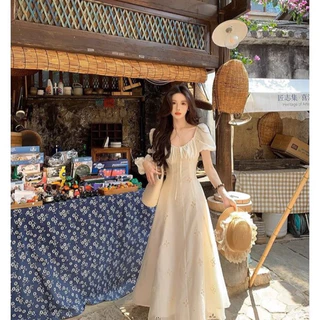 (พร้อมส่ง) Excellent creamy dress ชุดเดรสแขนตุ๊กตา ผ้าปักฉลุดอกไม้