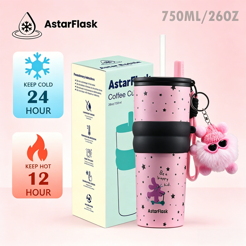 AstarFlask 26OZ เซรามิคถ้วยน้ำดีภายในถ้วยกาแฟมีฝาปิดขวดสุญญากาศเชือกฟาง 24 ชั่วโมงเย็นเก็บความร้อนแบบพกพา