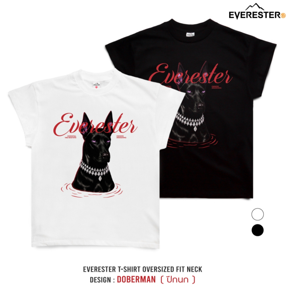 EVERESTER เสื้อยืด คอฟิต - แขนปีกนก วินเทจ Doberman Heavy Cotton เสื้อผู้ชาย Oversize สีดำ ขาว Wing