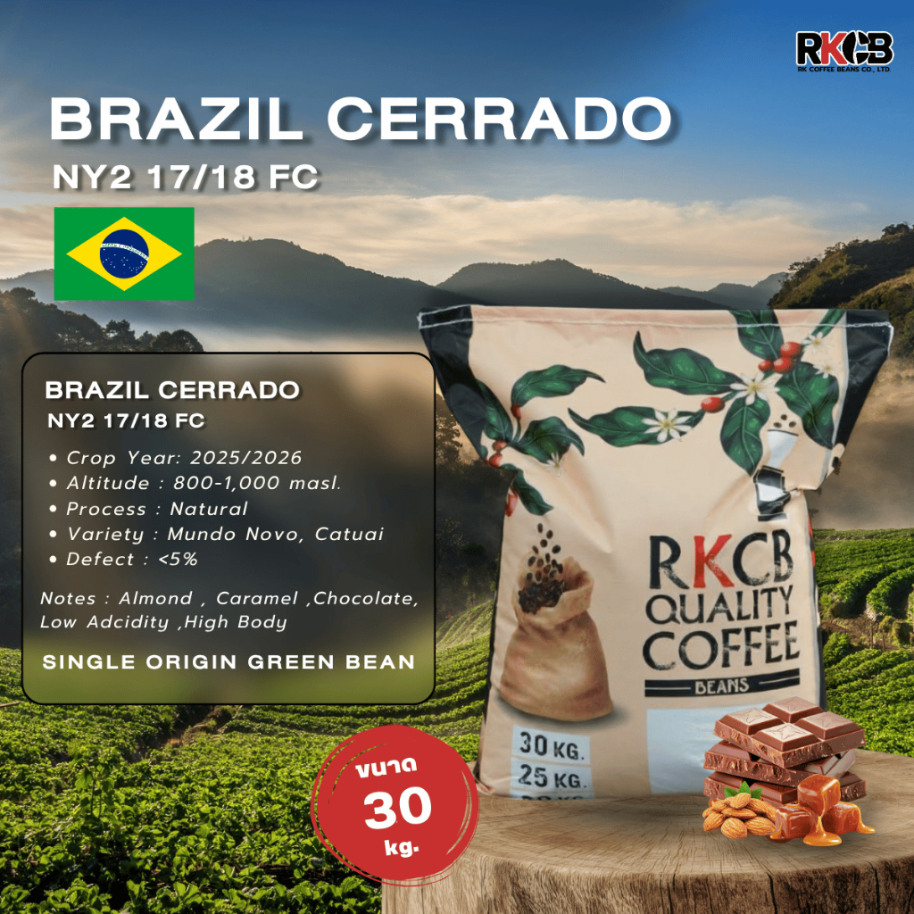 สารกาแฟบราซิล เซอร์ราโด Brazil Cerrado NY2 17/18 FC ( 30 Kg.) RK.Coffeebean. [พร้อมส่ง]