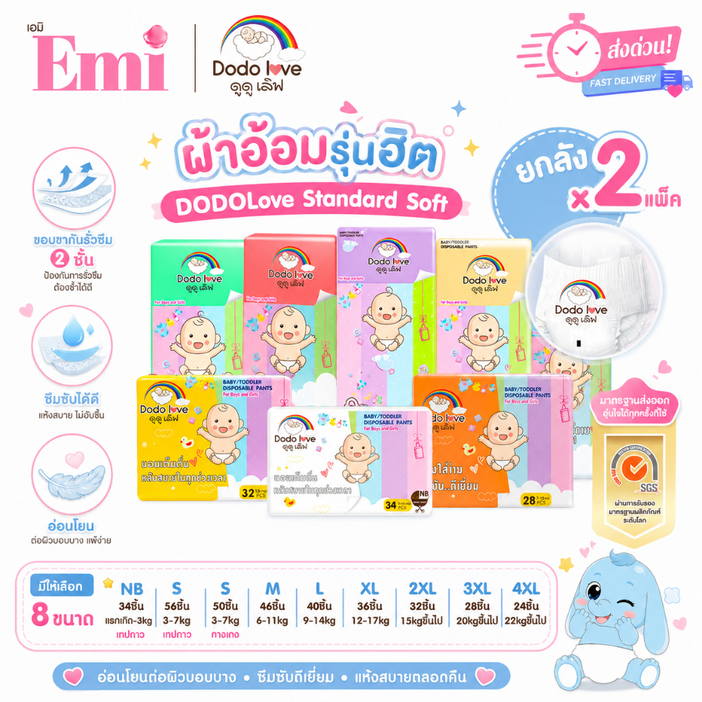 [ยกลัง2แพ็ค] Dodolove ส่งด่วน กางเกงผ้าอ้อม รุ่น Standard Soft ผ้าอ้อมสำเร็จรูป NB-4XL