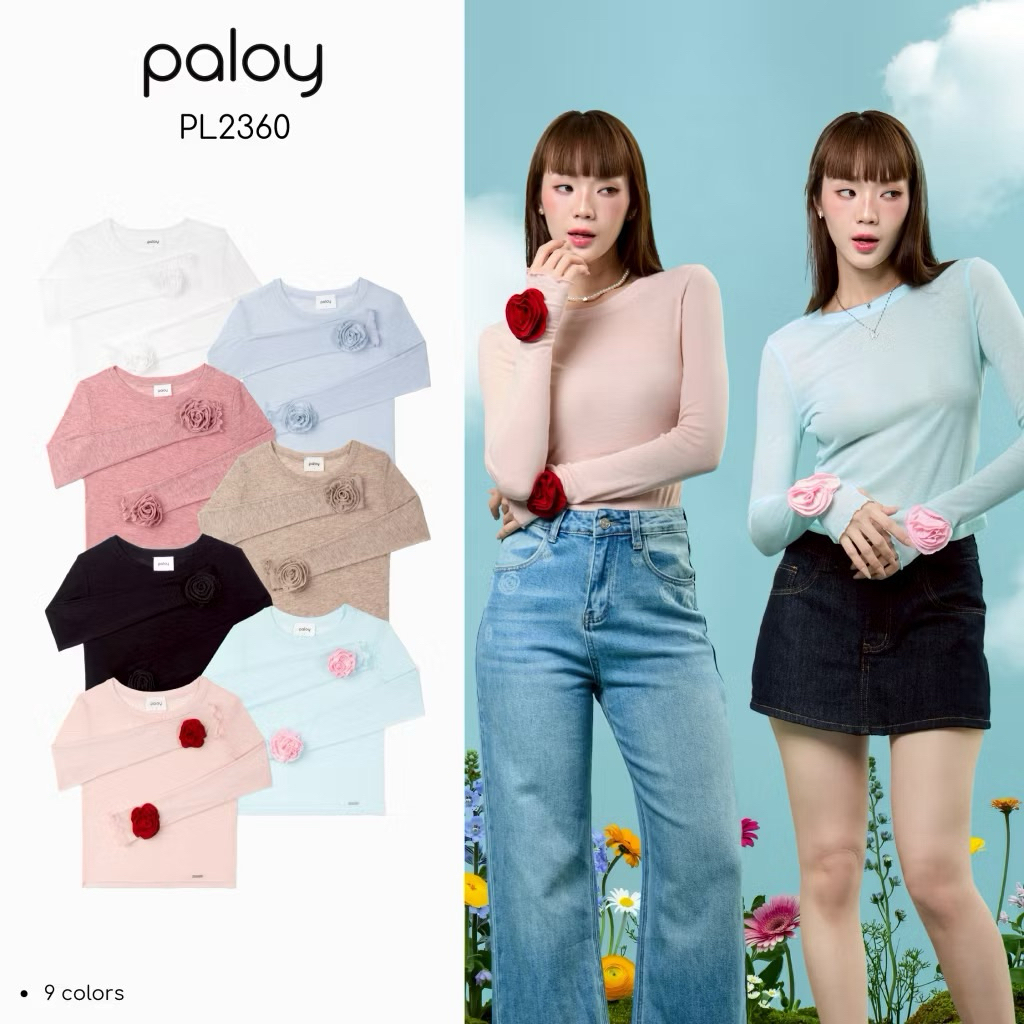✨️พร้อมส่ง✨️มือ1ของใหม่ ป้ายห้อย 💗Paloy-PL2360 เสื้อแขนยาว ทรงเข้ารูป ปลายแขนแต่งดอกคาเมลเลีย🌸 ไซส์ S/M/L