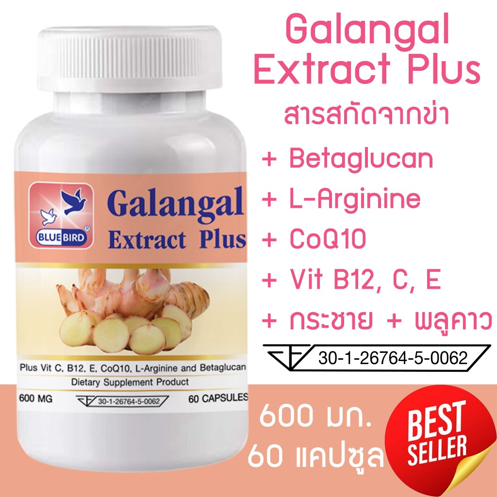 สารสกัดจากข่า Galangal Extract Plus ตรา บลูเบิร์ด ขนาด 600 มิลลิกรัม 60 แคปซูล