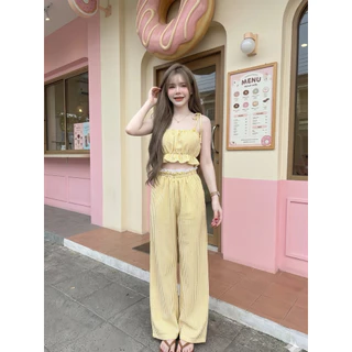 ชุดเซทลายริ้วผูกโบว์ขายาวขอบลูกไม้