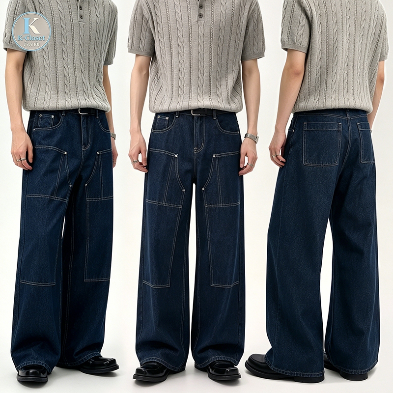 Baggy S-5XL กางเกงยีนส์คาร์โก้ผู้ชาย สไตล์เกาหลีเรโทร สีน้ำเงินเข้ม ทรงหลวมตรง