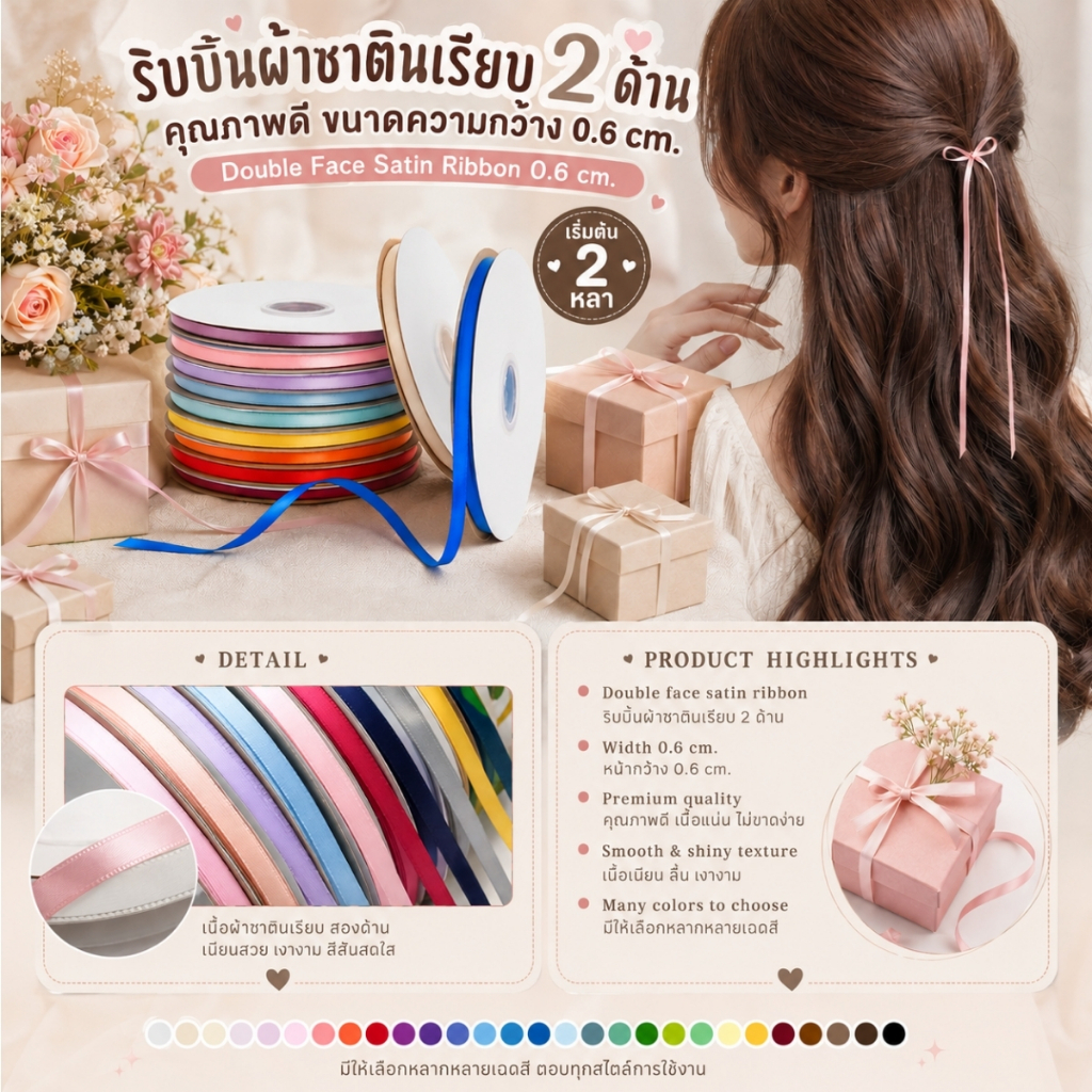 【2 หลา】* ริบบิ้นผ้าซาตินขนาด 0.6 cm. สีเรียบเงา 2 ด้าน รุ่น CLASSIC ผูกของขวัญวันเกิด ผูกผม ตกแต่งต่างๆ DIY [RBY-0023]