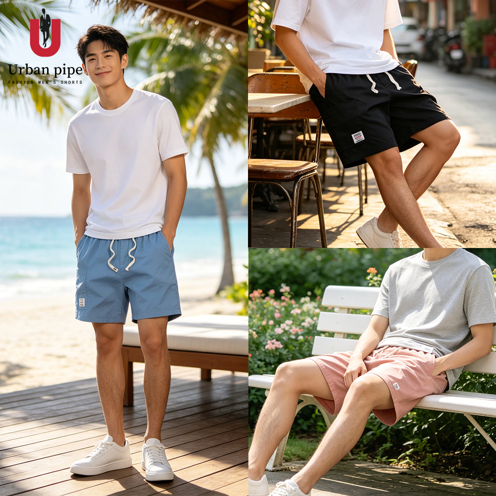 【ไซซ์28-34】URBAN PIPE ผู้ชายกางเกงขาสั้นสีทึบเหนือเข่า ระบายอากาศนุ่มและอบอุ่ ออกแบบเอวยางยืดผ้าฝ้าย 100% 52214