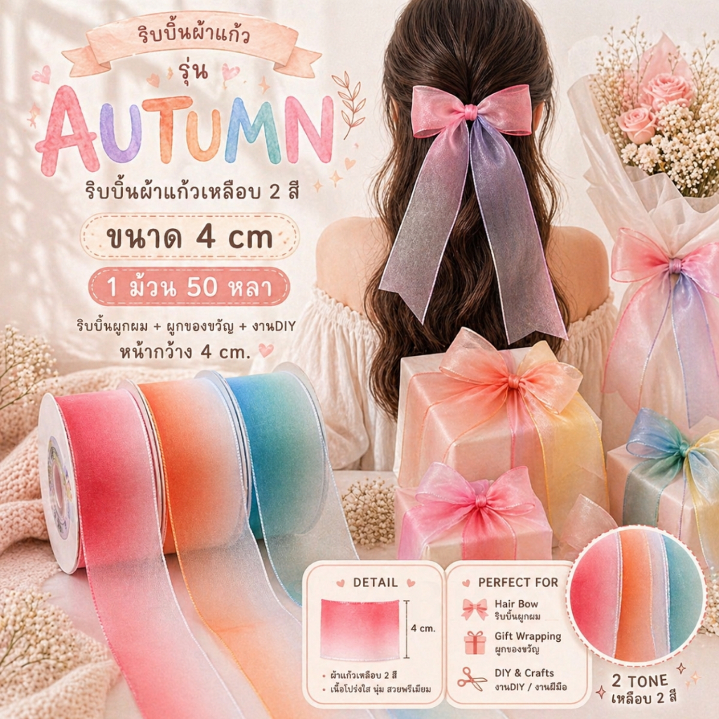 1 ม้วน【50 หลา】* ริบบิ้นผ้าแก้ว รุ่น AUTUMN ริบบิ้นผ้าแก้วเหลือบ 2 สี ขนาด 4 cm. ไล่สี ผูกของขวัญวันเกิด [RBR-0030]