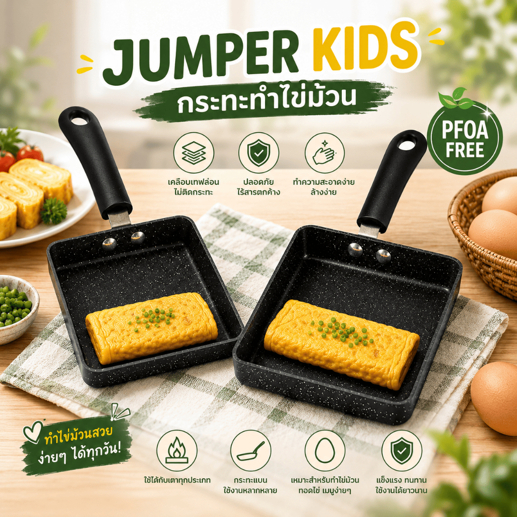 Jumper Kids กระทะทำไข่ม้วน กระทะแบน กระทะ เคลือบเทฟล่อน ขนาดเล็ก 14.4x19.5cm. ขนาดใหญ่ 16.6x19.5cm