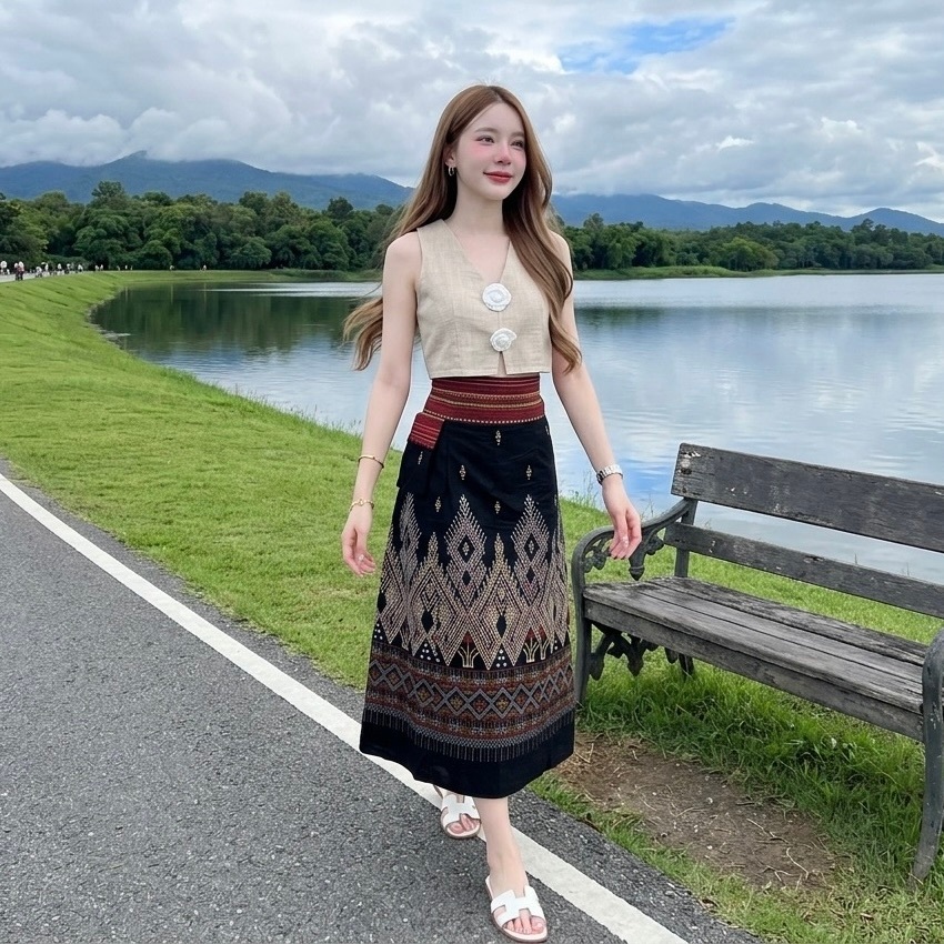 LANNA - กระโปรงผ้าไทยทรงเอ ผ้าฝ้ายพิมพ์ลาย กระโปรงยาวทรงสวย ใส่สวยใส่สบายค่ะ (สม็อคหลังยางยืด)