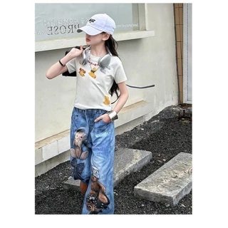 AY287 ชุดเด็กผู้หญิงแฟชั่น เสื้อยืดลายการ์ตูน + กางเกงยีนส์ลายหมี
