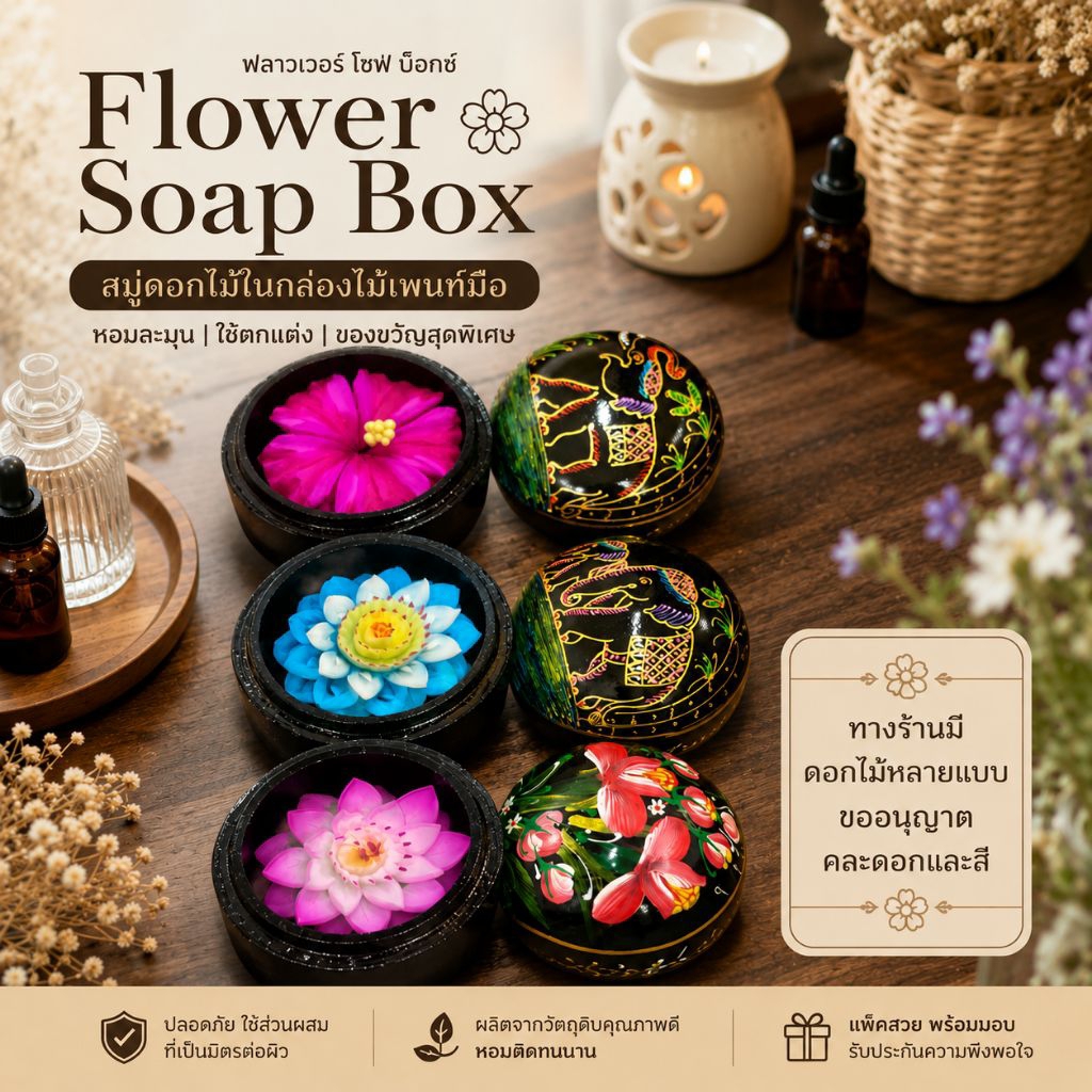 สบู่ดอกไม้ในตลับไม้เพนท์มือ สบู่ดอกไม้ตลับ Flower Soap Box ขนาด 3นิ้ว (คละดอก คละสี)