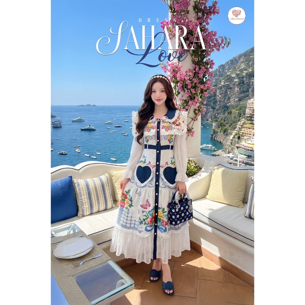 QCตัวโซว์ไม่รับคืน Sahara Love Dress เดรสยาววอนเทจแขนยาวลูกไม้นิ่ม  กระดุมหน้า ปกสองชั้น ผ้าเปเป้พิมพ์ลายตัดต่อยีนส์
