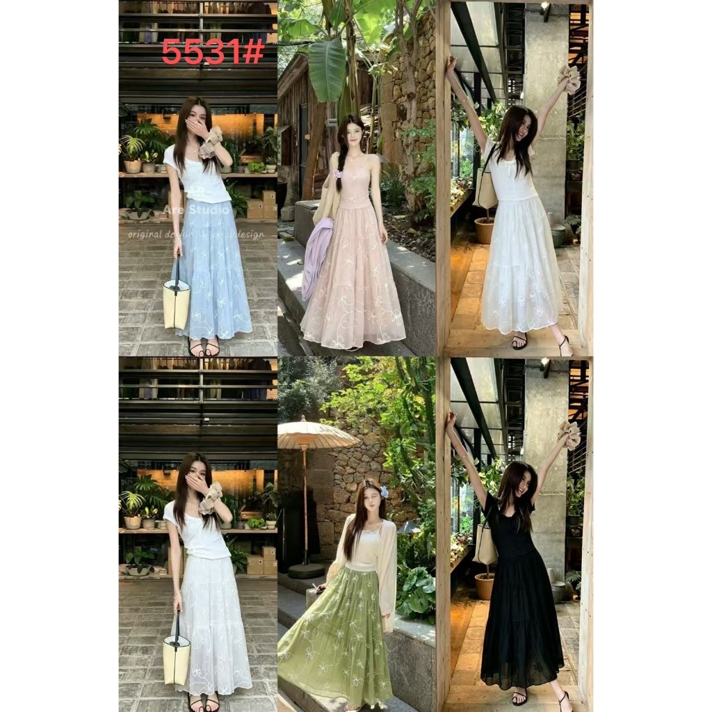 5531 #กระโปรงยาวผ้าแก้ว ปักลูกไม้ดอกไม้ตัดสีทั้งตัว