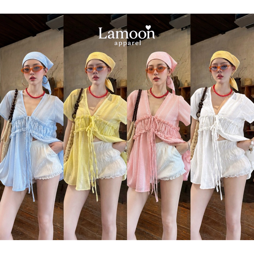 [พร้อมส่ง] summer breeze blouse เสื้อแขนสั้นแต่งระบายอก ป้าย sheeny ชุดไปคาเฟ่ ชุดไปทะเล by Lamoon apparel