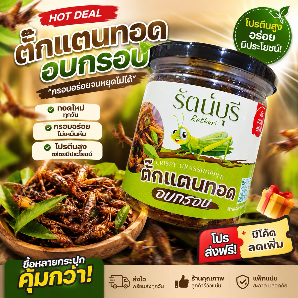 1 กระปุก ตั๊กแตนไข่ทอดอบกรอบ โปรตีนสูงทอดเฉพาะตามคำสั่งซื้อ ไม่เหม็นหืน อร่อย กรอบ