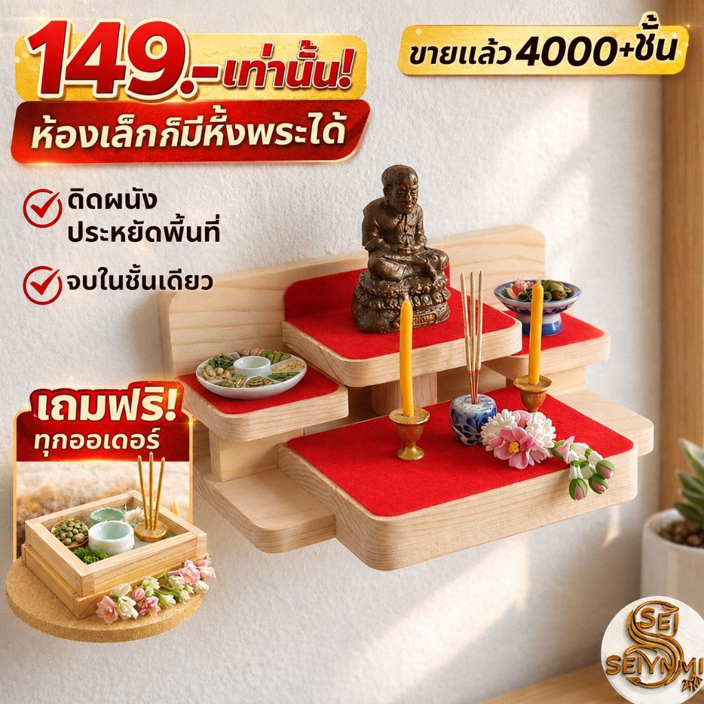 หิ้งพระติดผนัง ไม้สนแท้เริ่มต้นเพียง 116 บาท | ขายแล้ว 3,000+ ชิ้นห้องเล็กก็มีมุมพระได้ ไม่ต้องใช้พื้นที่เยอะ