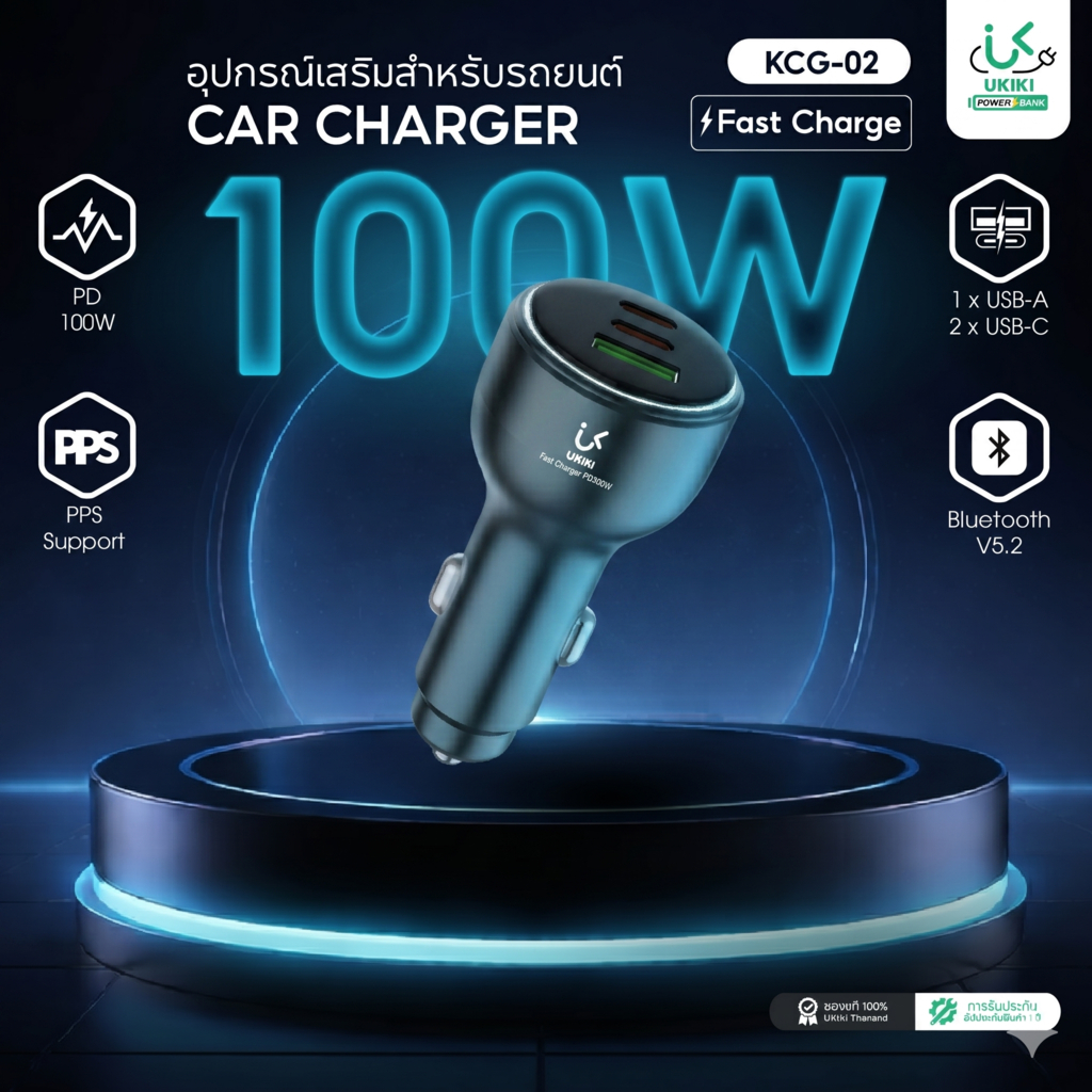 UKIKI Car Charger 3in1 PD100W ที่ชาร์จเร็วในรถ ชาร์จเร็ว ชาร์จอุปกรณ์พร้อมกัน 2 เครื่อง รุ่น KCG-02