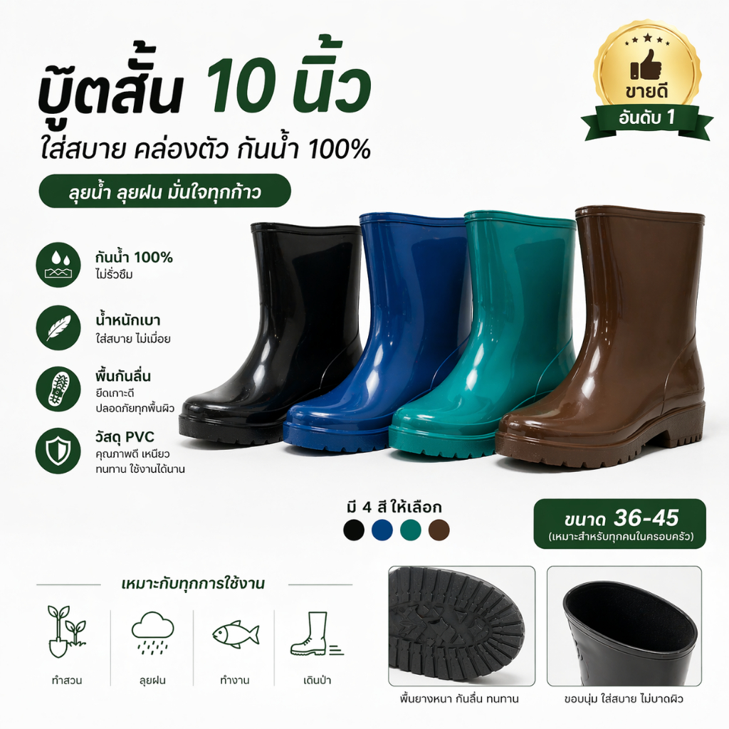 รองเท้าบูทสี 10 นิ้ว ทนทาน สวมใส่สบายกันน้ำและลื่นได้ดี เหมา