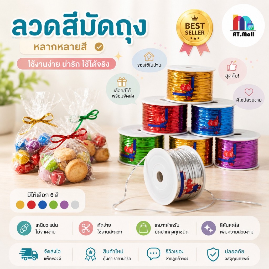 AT.MALL ลวดสี (สำหรับมัดปากถุงขนม/เบเกอรี่) | ลวดมัดของขวัญ/ห่อเหรียญโปรยทาน | มีแบบม้วนและแบบแพ็ค