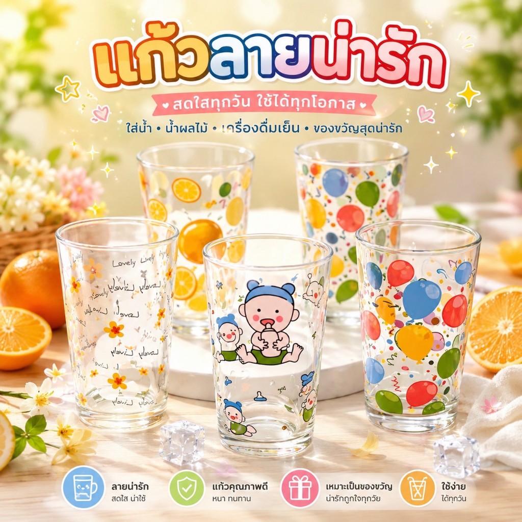 [ยกกล่อง 1 โหล] แก้วน้ำลายการ์ตูนน่ารัก 🥛✨ (12 ใบ) ผลิตจากแก้วเนื้อดี คละ1ลายต่อกล่อง