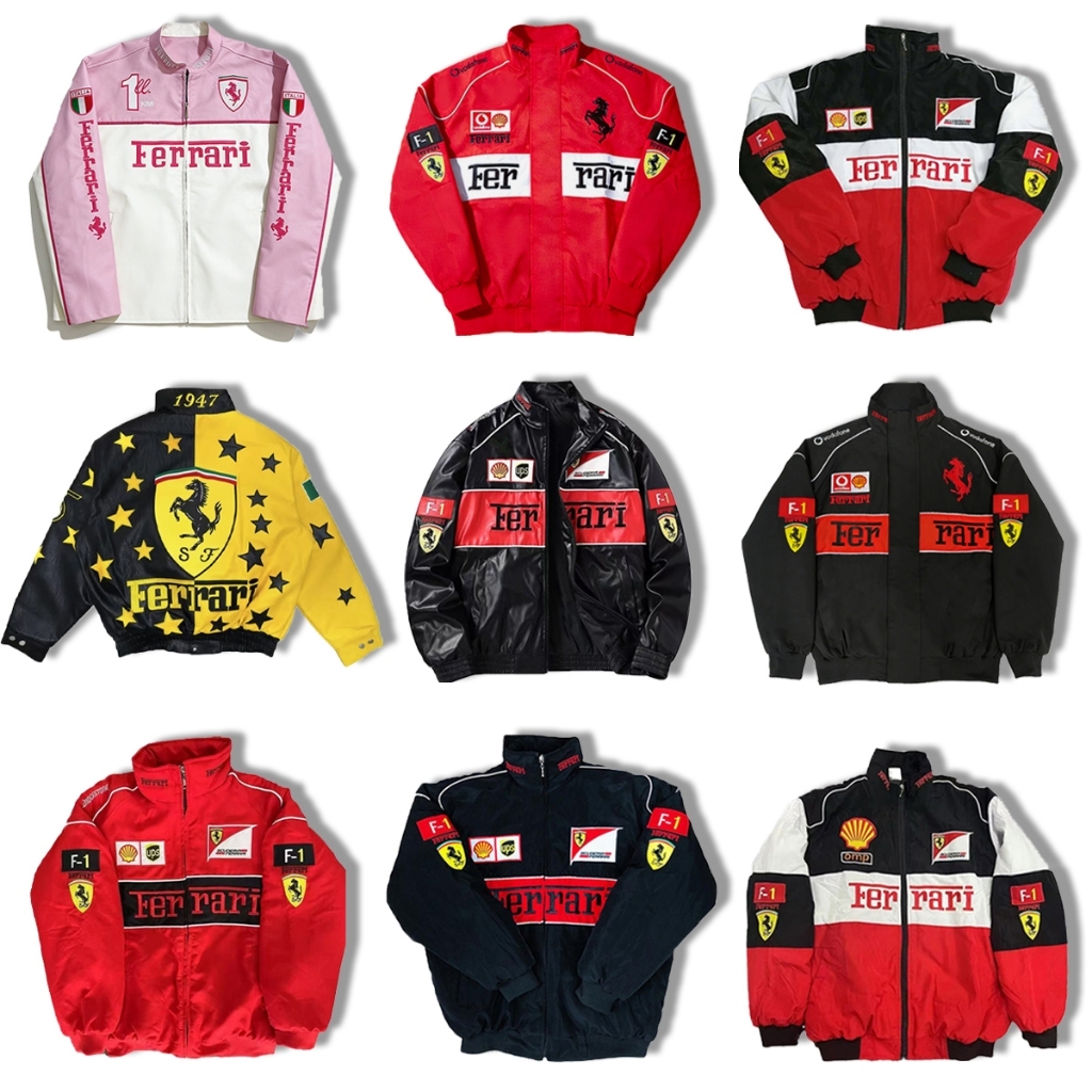 F1 Ferrari เสื้อแจ็คเก็ตรถแข่ง ผู้ชายย้อนยุค ปักลาย (ไม่ใช่สกรีน) เสื้อกันลม กีฬา แจ็คเก็ตเนื้อผ้า2ชั้น คุณภาพสูง