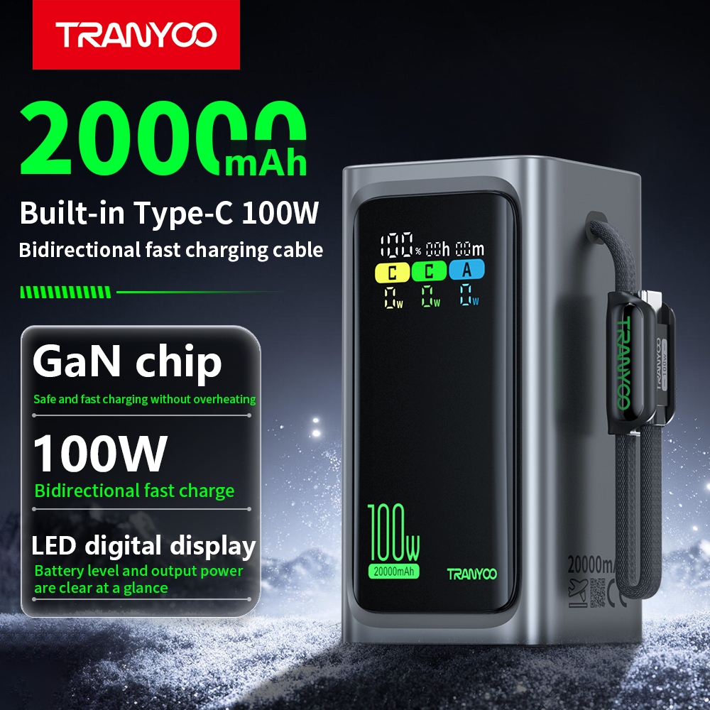 TRANYOO L2 Power banks【CCC&TIS】20000mAh แบตสำรอง ติดตั้งชิป GaN รองรับการชาร์จเร็ว 100W นำขึ้นเครื่องบินได้ ใช้งานปลอดภั
