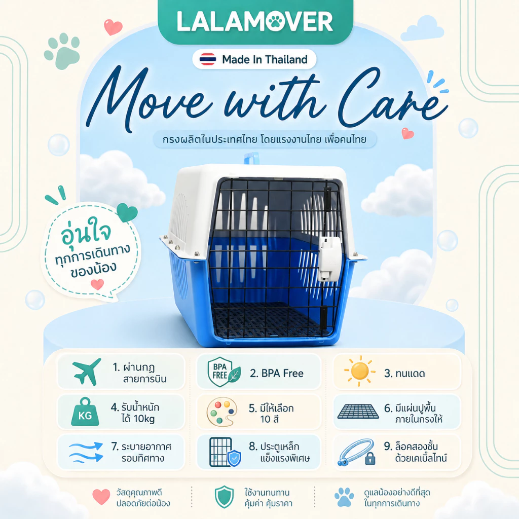 Lalamover กล่องเดินทางสัตว์เลี้ยง กรงหิ้วสัตว์เลี้ยง ผลิตในประเทศไทย รับประกันสินค้า มีแผ่นปูพื้น thumbnail 6