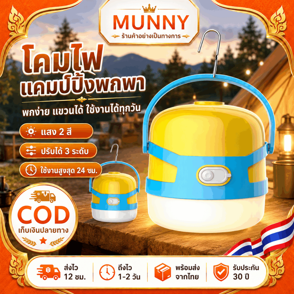 Munny โคมไฟแคมป์ปิ้ง มินเนี่ยน LED พกพา แขวนได้ ชาร์จได้ แสง ใช้งานนาน สำหรับเต็นท์และกลางแจ้ง โคมไฟเต็นท์พกพา