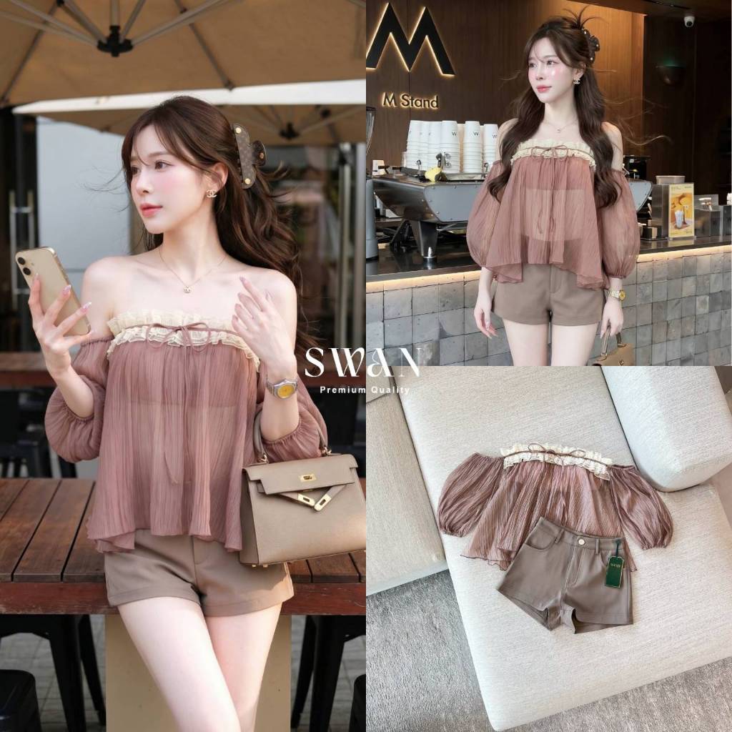 Swan  Set เสื้อปาดไหล่แต่งขอบระบาย+กางเกงขาสั้นเอวสูง