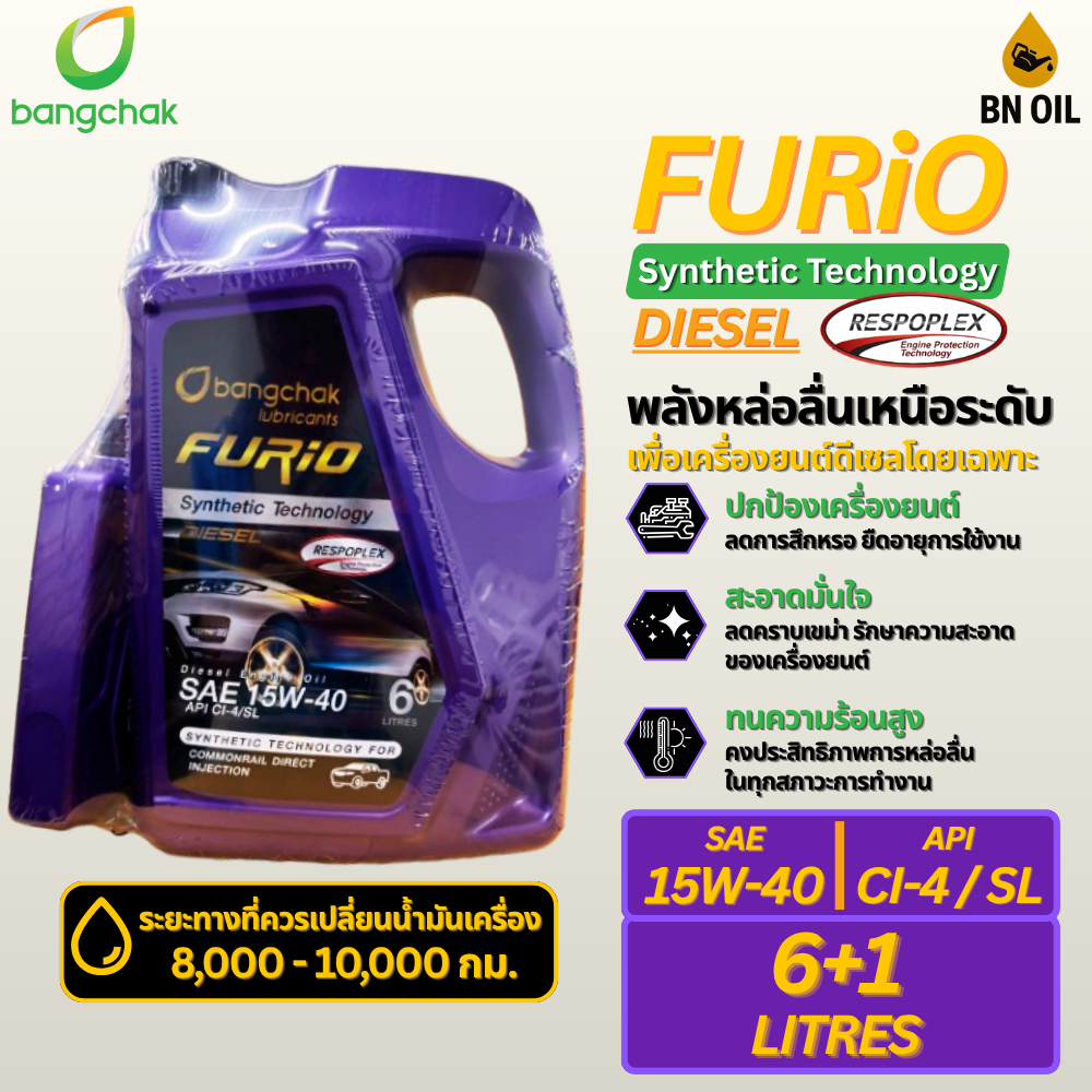 น้ำมันเครื่องรถยนต์ ดีเซล กึ่งสังเคราะห์ FURiO SAE 15W-40 ขนาด 6+1 ลิตร