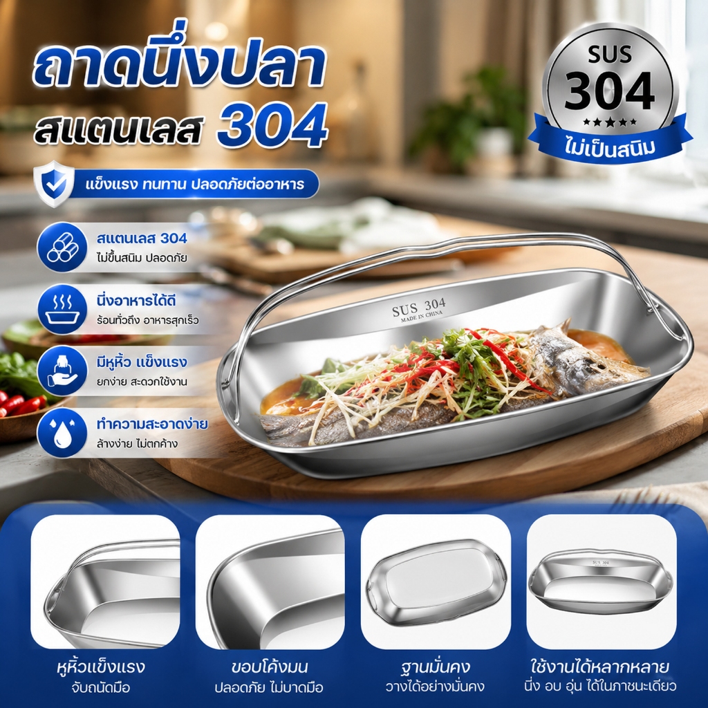 จานปลานึ่งสแตนเลส 304 จานวงรีสแตนเลส พร้อมที่จับ ถาดนึ่งปลา จานปลา ลึกและหนา เหมาะสําหรับปลานึ่ง ข้าว ผักและเนื้อ