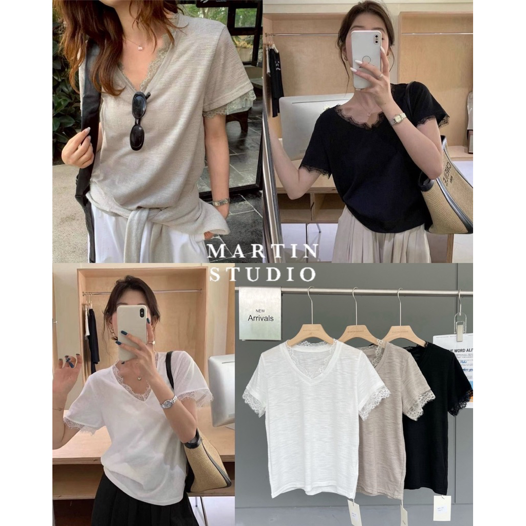 เสื้อแขนสั้น คอวีแต่งลูกไม้ขอบคอและแขน