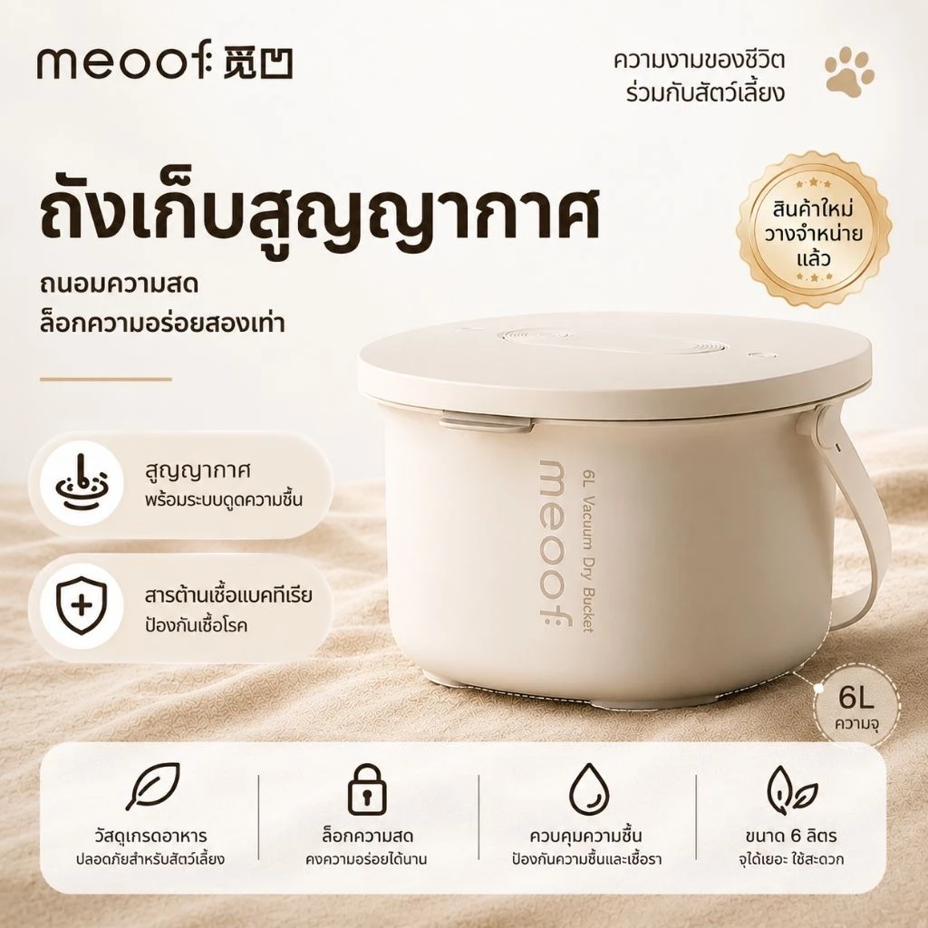 รับประกันศูนย์ 1 ปี [พร้อมส่ง] meoof ถังเก็บอาหารสัตว์เลี้ยงสูญญากาศ รุ่น Minimal ขนาด 6L/10L กันชื้น กันมด กันแมลง