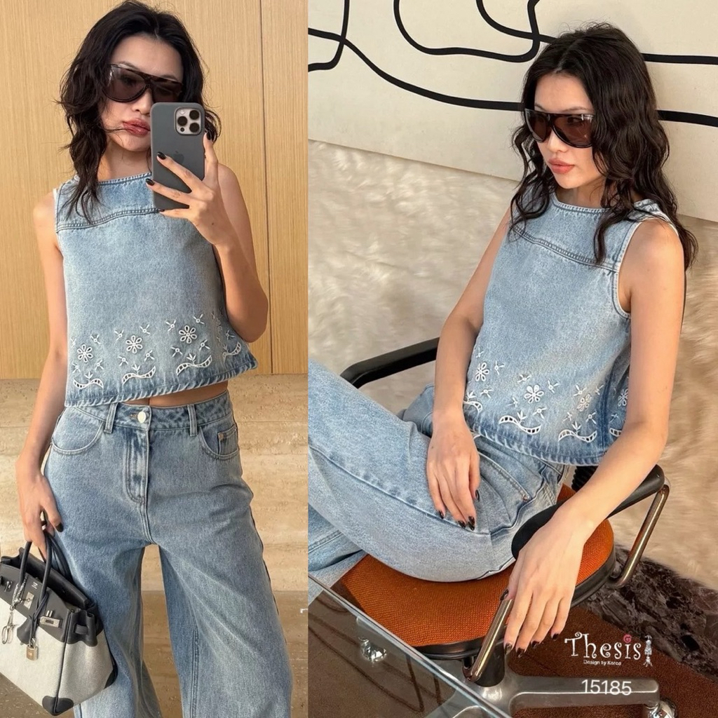 เสื้อแขนกุดยีนส์ฟอกฉลุชาย