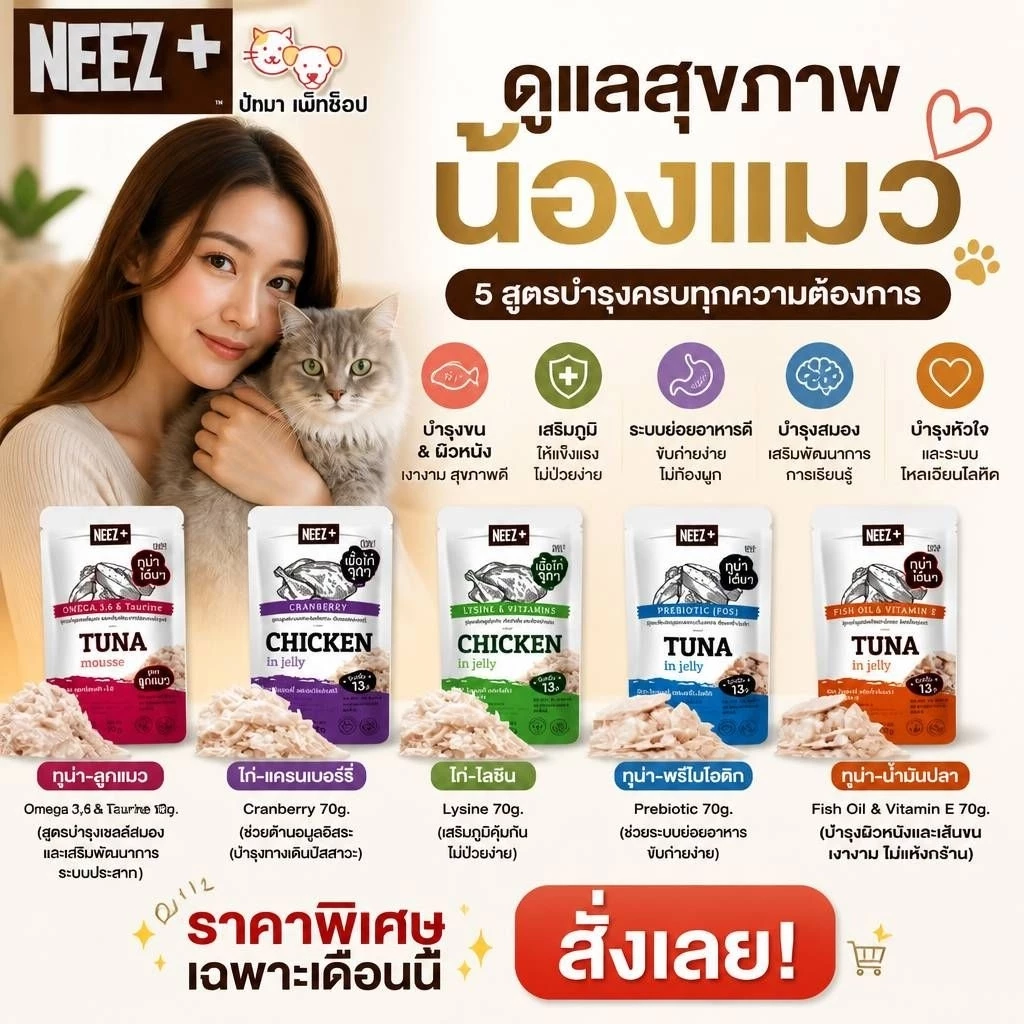 ( 1 โหล ) Neez+ อาหารเปียกแมวสูตรดูแลสุขภาพ 5 สูตร 70g.