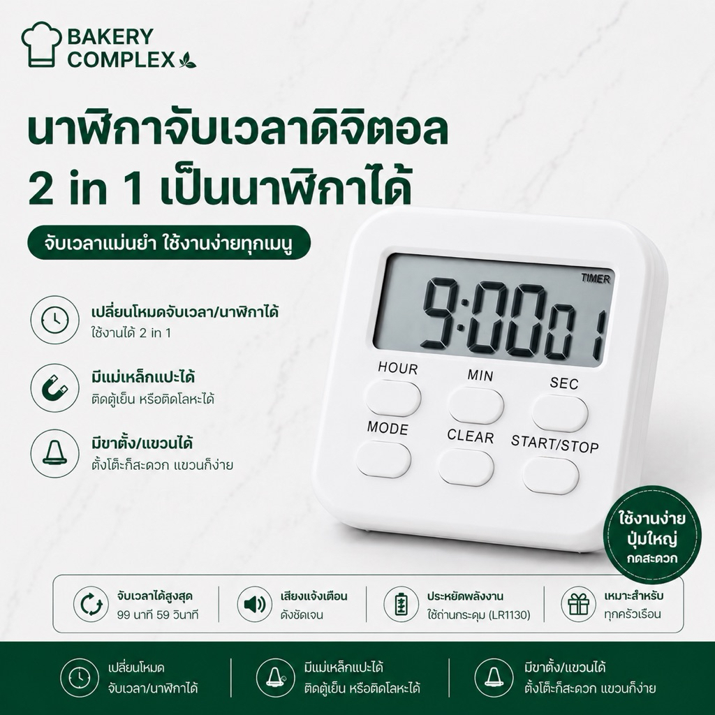 นาฬิกาจับเวลาดิจิทัล จอ LCD สีขาว สําหรับทําอาหาร มีแม่เหล็กติดตู้เย็นได้