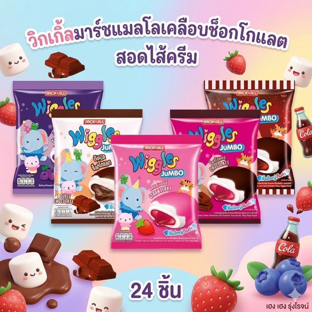 [แพ็ค24ชิ้น] Wiggles วิกเกิ้ลส์ สอดไส้ครีมผลไม้ สอดไส้แยม 4.5g