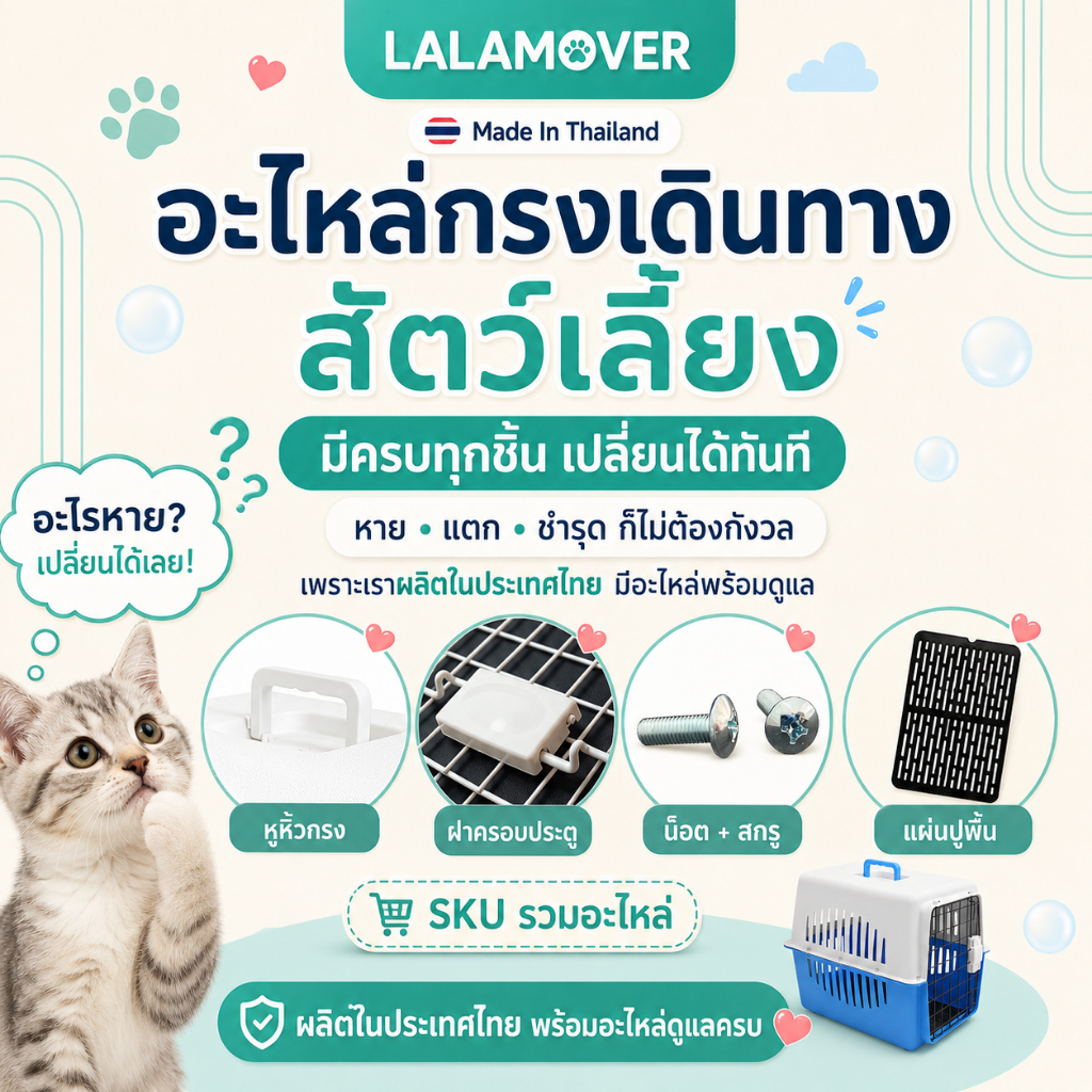 LALAMOVER อุปกรณ์อะไหล่กล่องเดินทางสัตว์เลี้ยง ไซส์ M / L | อะไหล่กรงเดินทาง ประตูกรง หูหิ้ว น็อต แผ่นปูพื้น ประกอบเองได