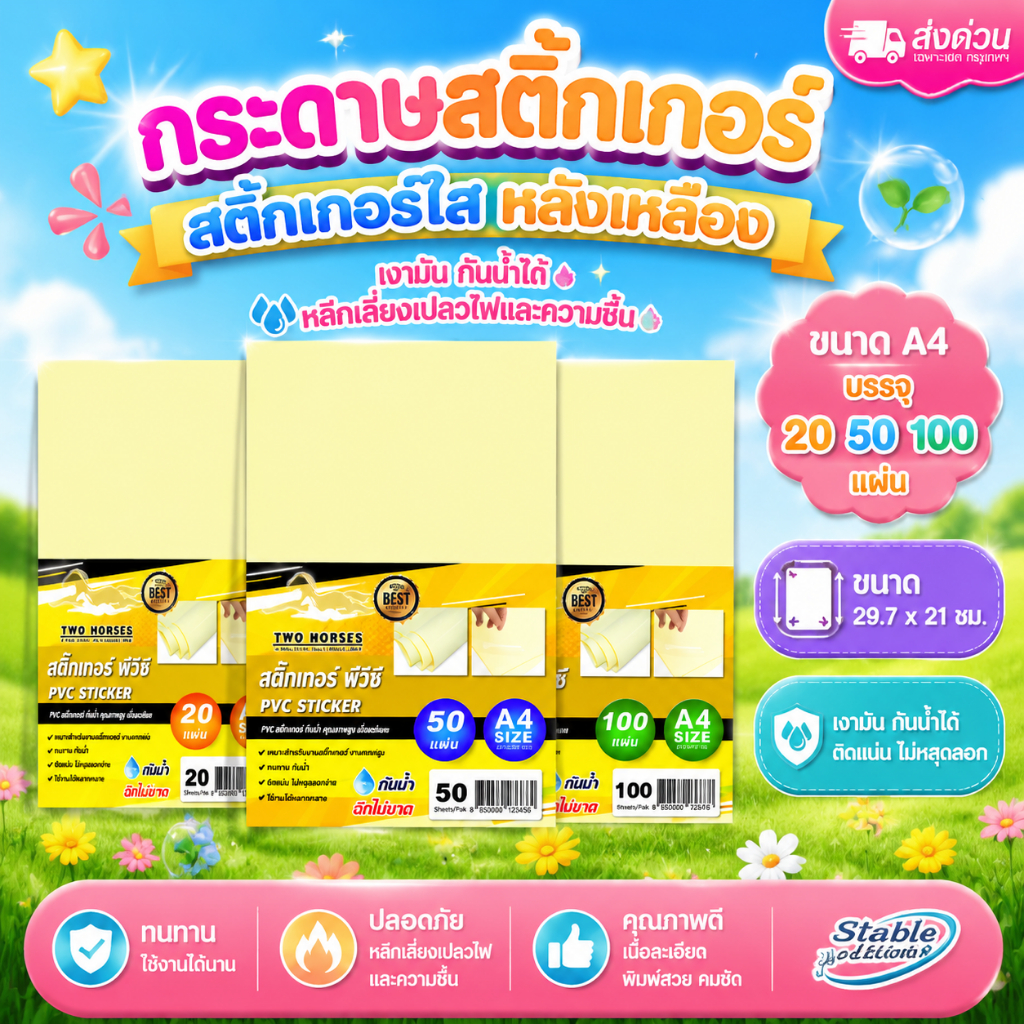 [ส่งด่วน] สติ๊กเกอร์ PVC ใสหลังเหลือง A4 (21x29.7 cm.) บรรจุ 20,50,100 แผ่น