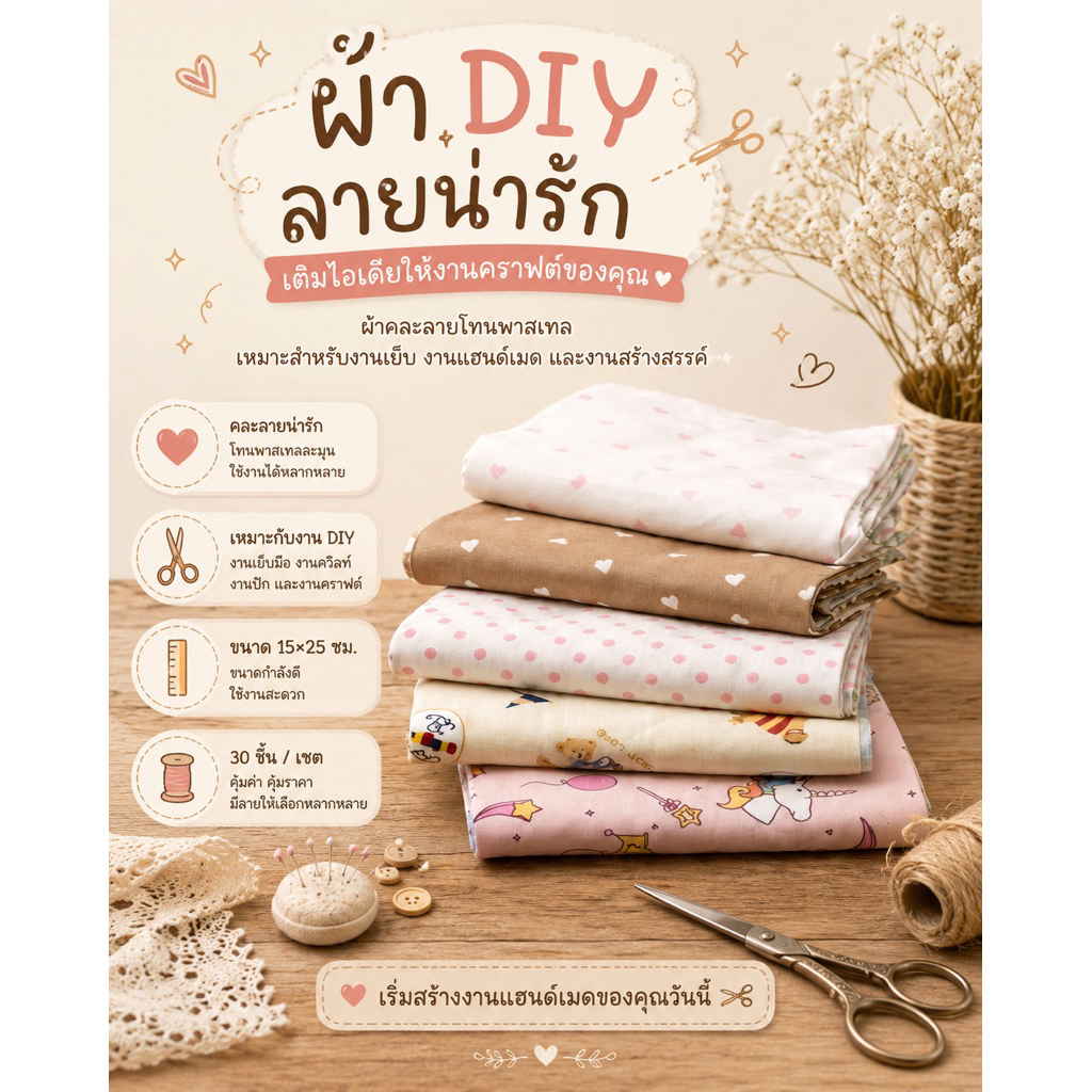 ผ้าคละลาย DIY ขนาด 15x25 CM  30 ชิ้น/1เซ็ต พร้อมส่ง
