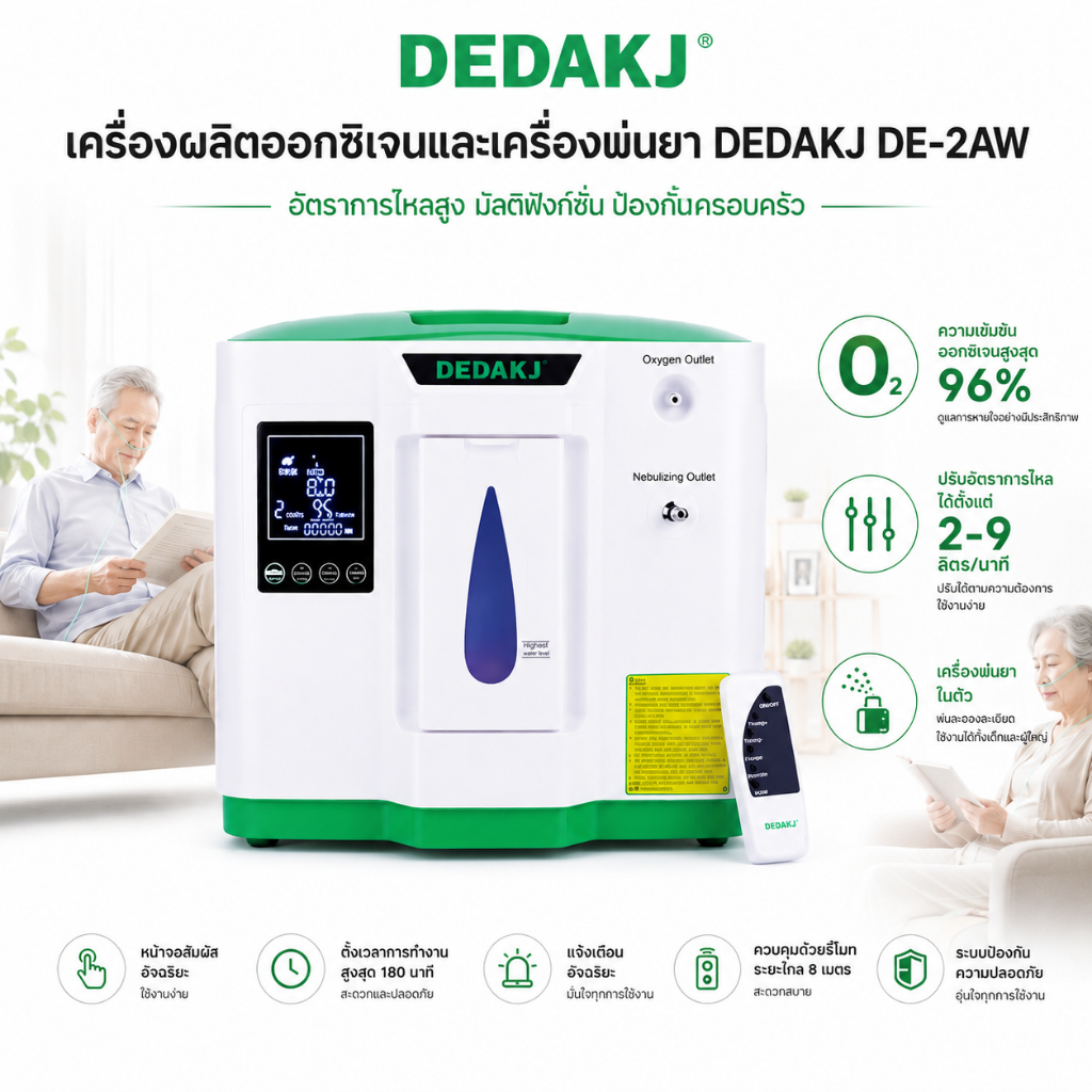 【งวด】เข้มข้นออกซิเจนในครัวเรือน DEDAKJ 2AW เครื่องออกซิเจนพกพาและบ้าน ปรับได้ 2–9L  พ่นละออง