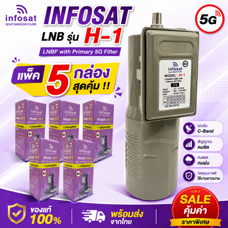 (แพ็ค 5หัว) ไม่มีสกาล่าริง LNBF INFOSAT รุ่น H1+ ระบบ C-Band ตัดสัญญาณรบกวน 5G