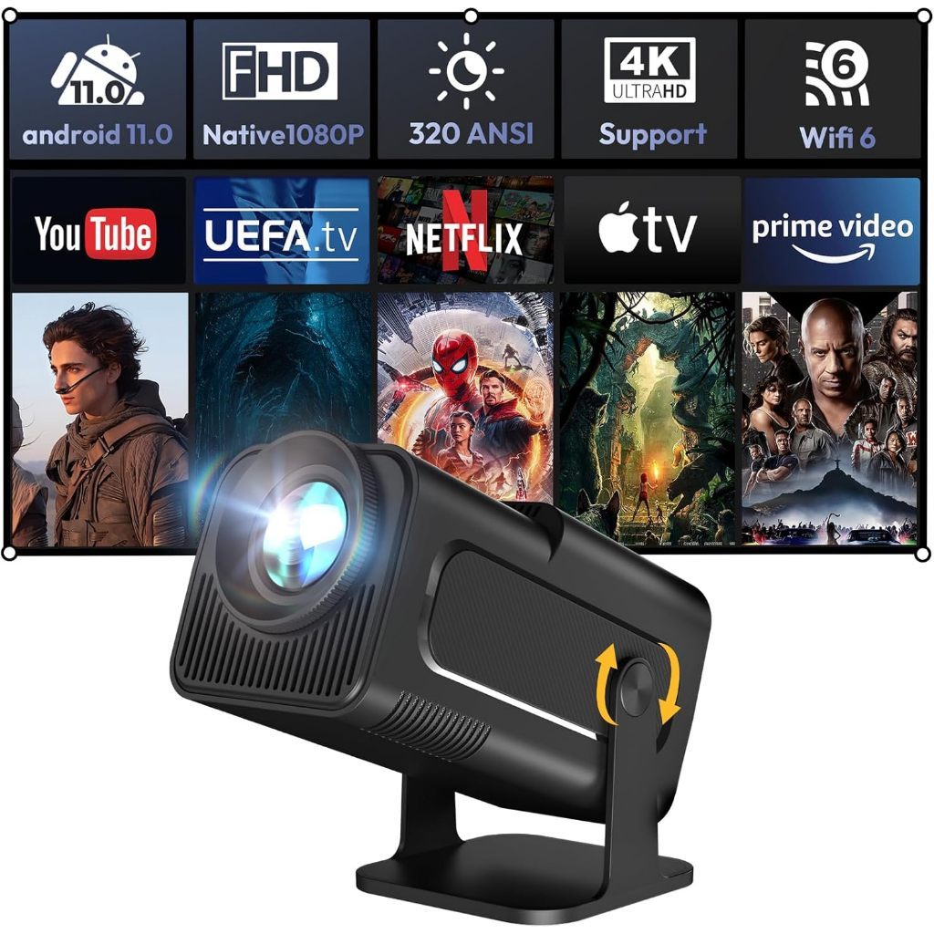 โปรเจคเตอร์ HY320 โปรเจคเตอร์พกพาขนาดเล็กรุ่นใหม่ 4K HD Projector Auto Keystone ความสว่าง 10,000 ลูเ